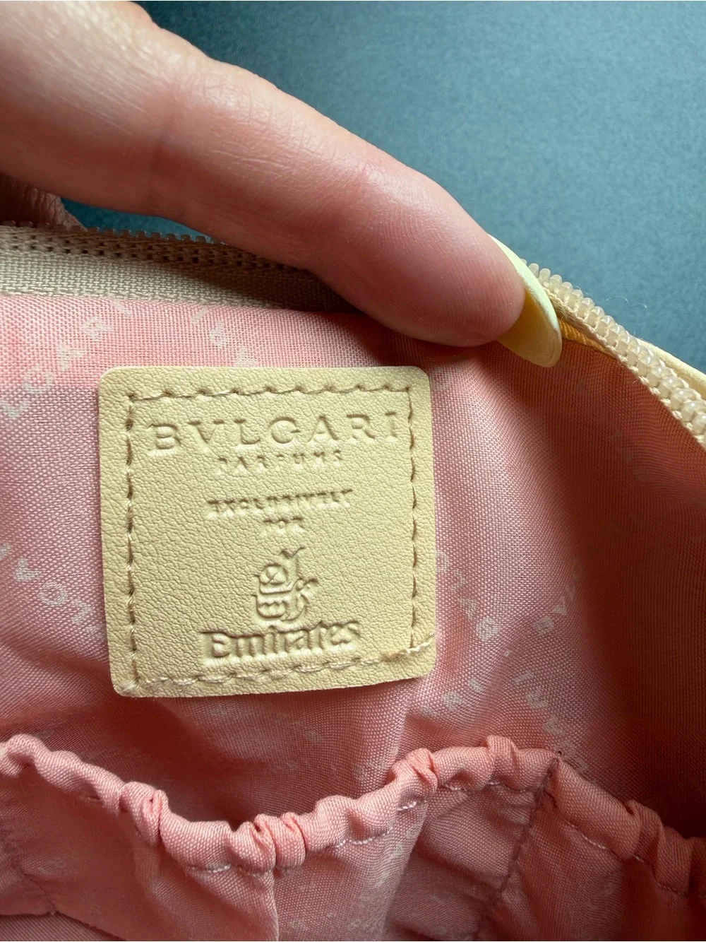 Bulgari Cream Blush Leather Cosmetic Pouch Metal Logo NWOT (8” by 5” by 2.5”)